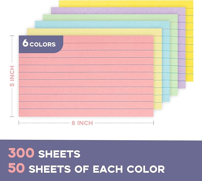 300Pcs Colored Index Cards 5x8, Goefun Lined Flashcards, 6 Color Notecards for Studying, Recipes, Memo Cards, Office Supply, To Do List, Presentation