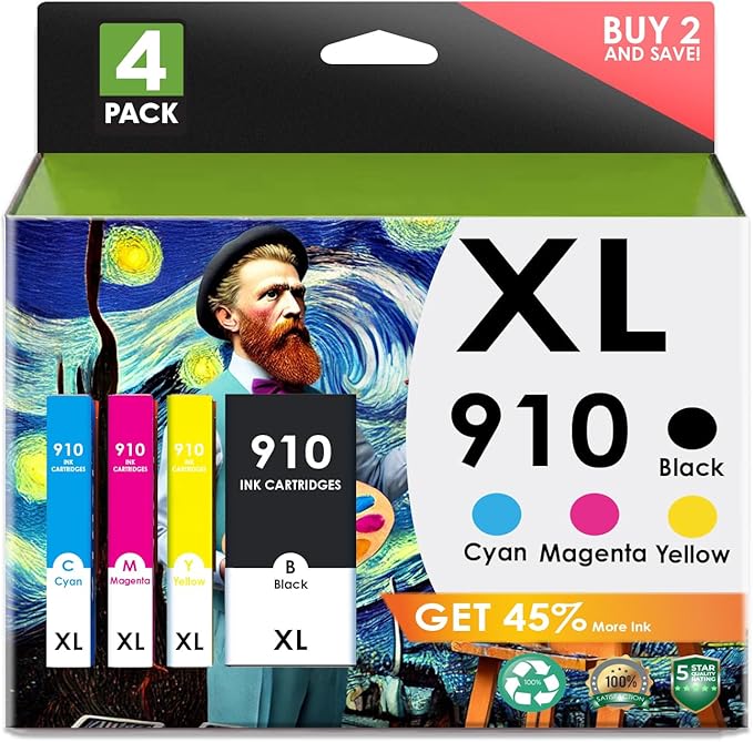 5-Star Officejet Pro 8015e, 8020 Printer Compatible with 910 Ink Cartridges. Compatible for Officejet Pro 8015e / 8035e / 8020/8035 Series. 4 Pack (Black Cyan Magenta Yellow)