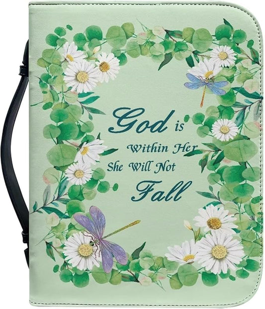 Lotusorchid Bible Book Cover for Women, Large Bible Cover Case with Verse, Sturdy Zippered Bible Carrying Case with Handle Pocket Portable Bible Bag for Bible Study, Green,L