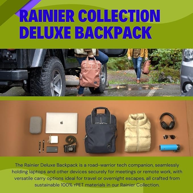 Skyway Luggage Rainier Deluxe Backpack, Eco-Friendly, Made of 100% rPET Travel Laptop Bag for Women & Men, Flight Approved Carry On Bag, 17L, Zion Gray