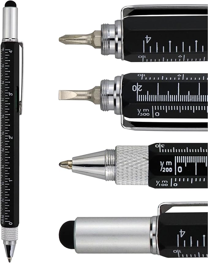 HeTaoCat Gifts Multi Tech Tool Pen 6 in 1 Stylus Pen - Screwdriver Pen with Ruler, Levelgauge, Ballpoint Pen Black ink (Black)