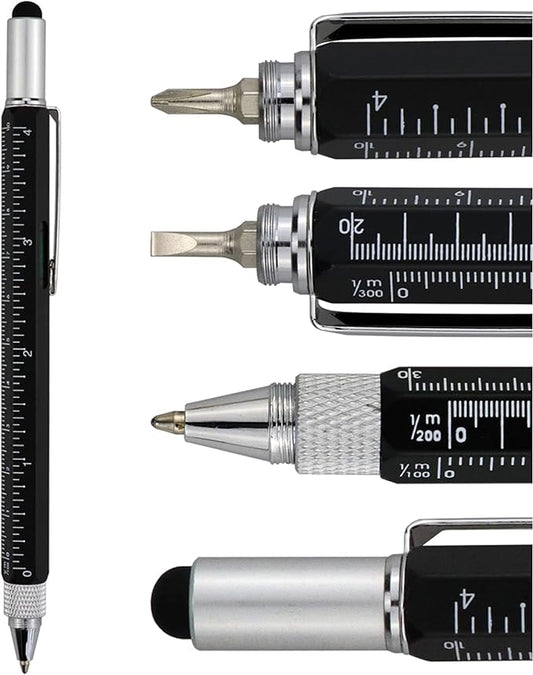 HeTaoCat Gifts Multi Tech Tool Pen 6 in 1 Stylus Pen - Screwdriver Pen with Ruler, Levelgauge, Ballpoint Pen Black ink (Black)