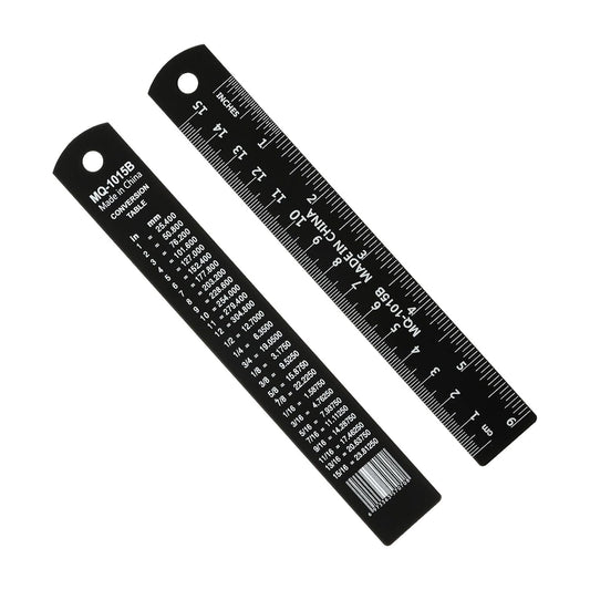 PATIKIL 15cm/6" Metal Ruler, 2 Pack Aluminum Alloy Rulers with Centimeters, Millimeters, Inches and Conversion Table Straight Edge Ruler for Writing Machinist Drafting, Black
