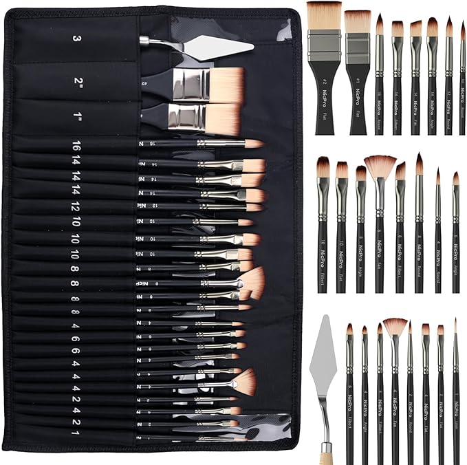 Nicpro 26pcs Paint Brush Set, Professional Paintbrushes with Palette Knife, Craft Paint Brushes for Acrylic Painting, Oil, Watercolor, Gouache & Canvas, Drawing & Art Supplies for Adults, Kids Artists