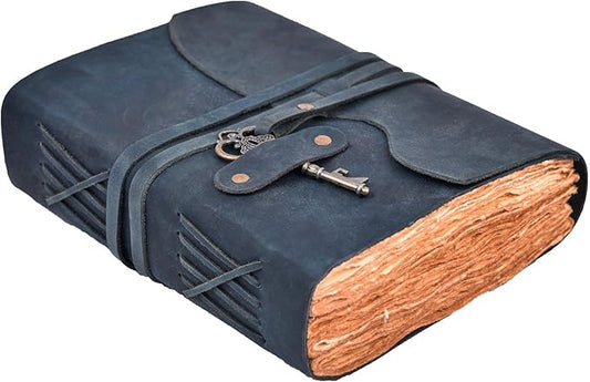 LEATHER VILLAGE Vintage Leather Journal – 200 Handmade Vintage Deckle Edge Paper – Leather bound Journal For Women Men – Vintage Key Closure - Book of Shadows - Blue - 8X6 inches (A5)