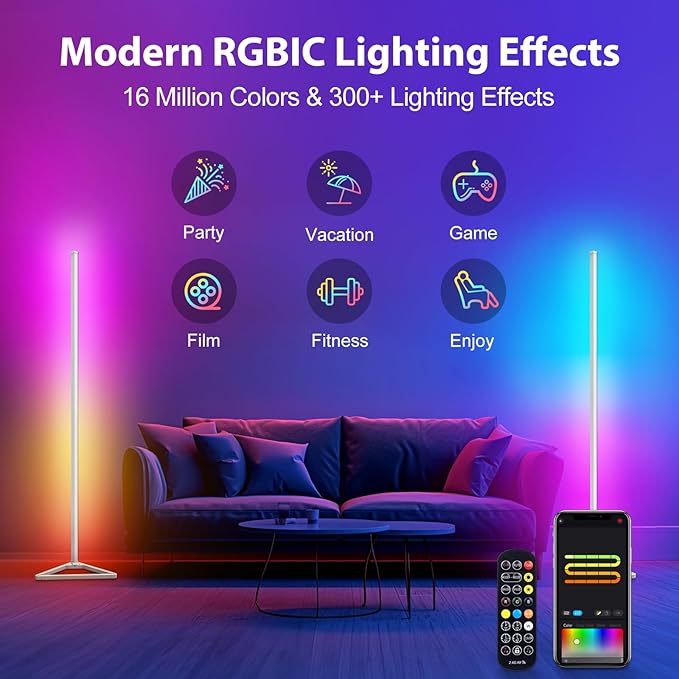 RGBIC Floor Lamp,16 Million Colors LED Floor Lamps 141 cm Lamps for Living Room with Music Sync,Standing Lamp with App and Remote Control,Gaming Ambient Lighting Corner Lamp Bedroom Decor