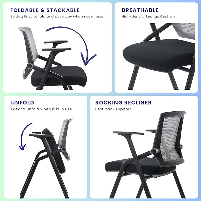 2 Pack Stackable Conference Room Chairs with Paddle Folding Office Chair Foldable Desk Chair Mesh Back and Arms for Conference Meeting Guest Reception Home Office Training Room Chair