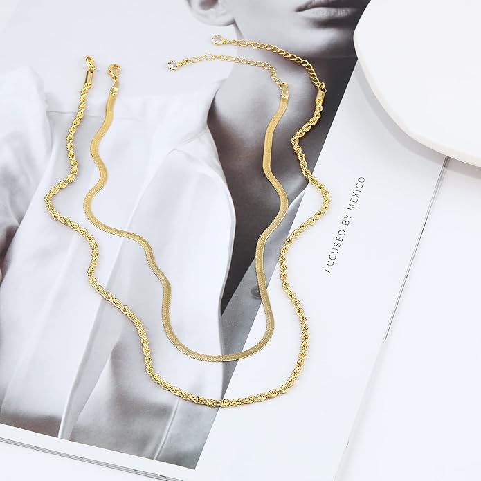 Herringbone Necklace for Women,Dainty Gold Necklace,14k Gold Plated Snake,Gold Chain Choker Necklaces,Simple Gold Layered Necklaces,Gold Jewelry Gift for Women