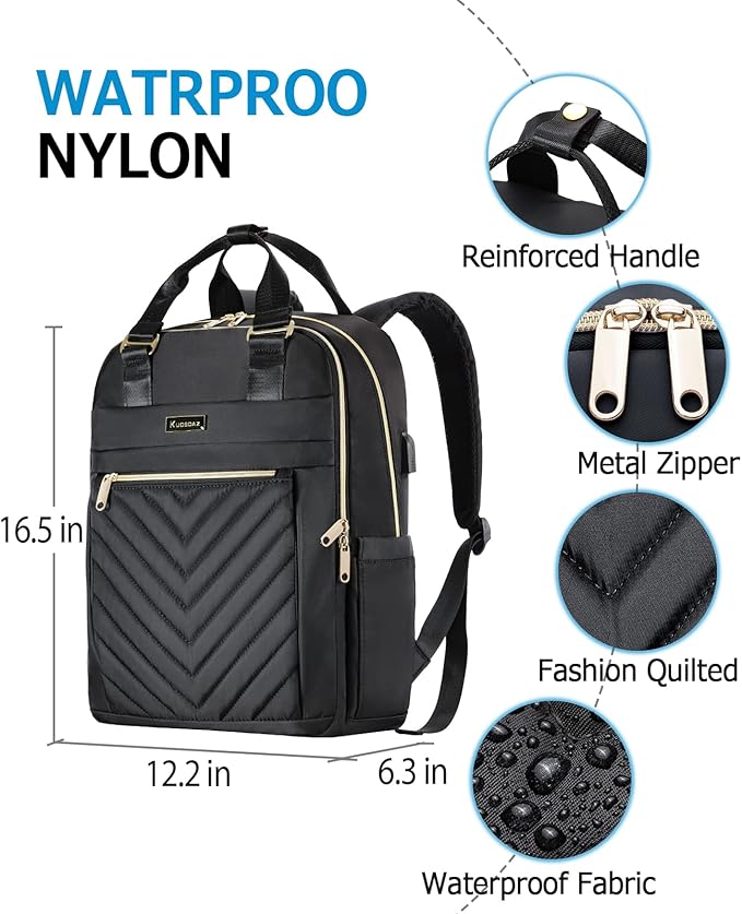 Black Backpack for Women, School Backpack for Teen Girls, 15.6 Inch Quilted Backpack Purse with USB Port, Work Business Teacher Student Computer Bag, College Bookbags Casual Daypacks, Black