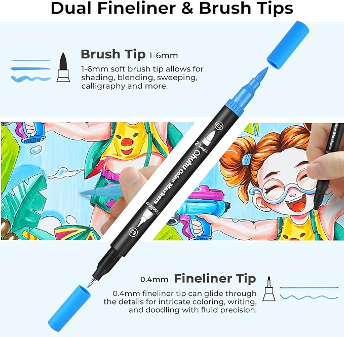 Ohuhu Markers for Adult Coloring Books: 100 Colors Brush Pens Dual Brush Fine Tip Drawing Pens Water-Based Coloring Markers for Calligraphy Bullet Journal with Carrying Case - Maui - Black