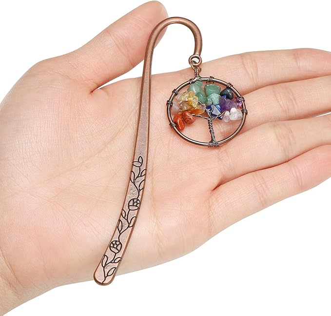 Jovivi 3pcs Antique Copper Metal Bookmark Beading Bookmarks with Handmade 7 Chakra Healing Crystals Tree of Life Tumbled Gemstones & Swirl & Leaf Bead