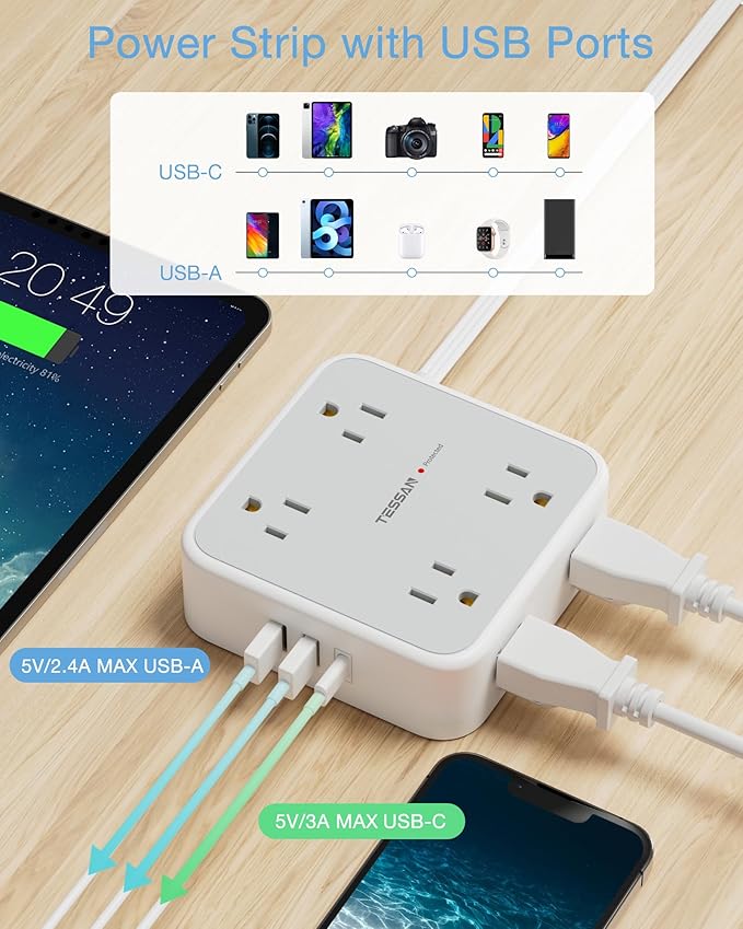 Surge Protector Power Strip 15 Ft Cord, 8 Widely Spaced Outlets, 3 USB Charger(1 USB C Port), Ultra Thin Flat Plug Extension Cord 15 Feet, 900J Surge Protection for Home, Office, Dorm Room Essentials