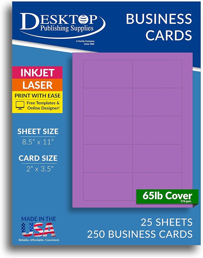 Colored Business Cards - 25 Sheets / 250 Business Cards - Inkjet & Laser - 10 per sheet (Purple)