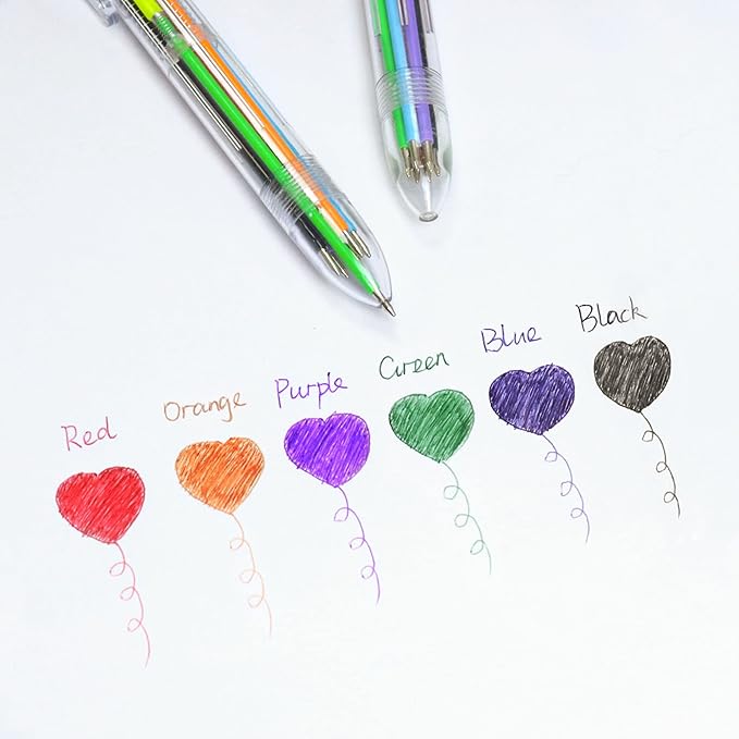 IHPUKIDI 6 Pack 0.5mm 6-in-1 Multicolor Ballpoint Pen, 6 Color Transparent Barrel Retractable Ballpoint Pens for Office School Supplies Students Gift