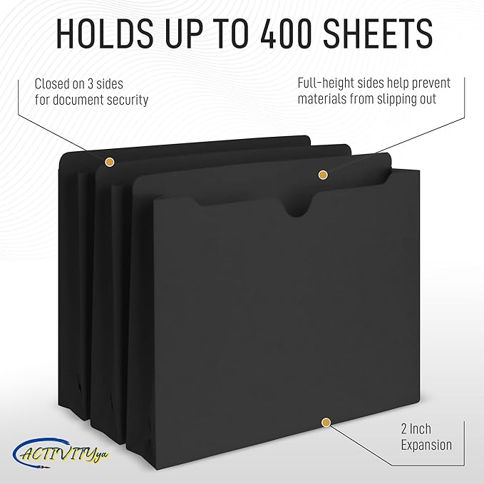 Black File Jackets, 2 Inch Expansion, Letter Size, Reinforced Straight-Cut Tab, 6 Pack