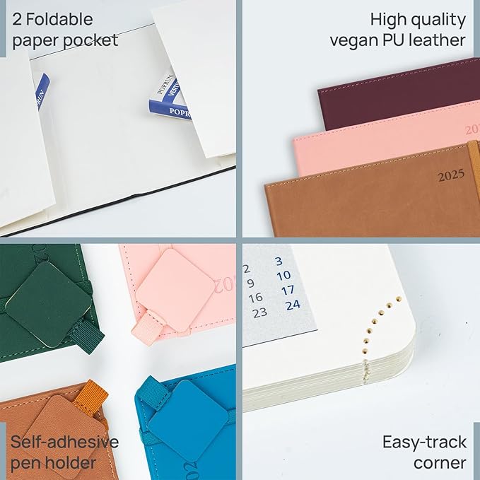 POPRUN 2025 Weekly Planner 8.5" x 11", Quarter-Hourly Appointment Book with PU Leather Soft Cover, Dual Pockets, Gift Box, Monthly Tabs, 100GSM Thick Paper, Sunday Start - Claret