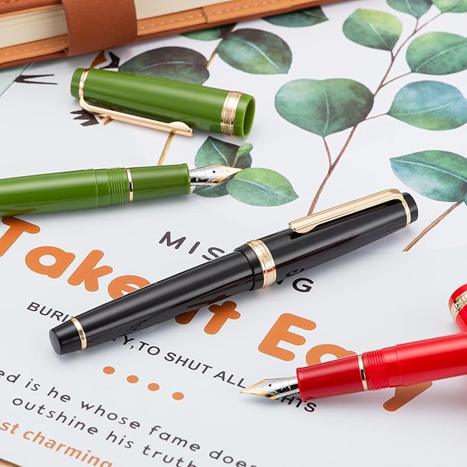 Jinhao 82 Red Acrylic Fountain Pen, Iridium Fine Nib Classic Design Smooth Writing Pen with Ink Converter (Gold Trim)