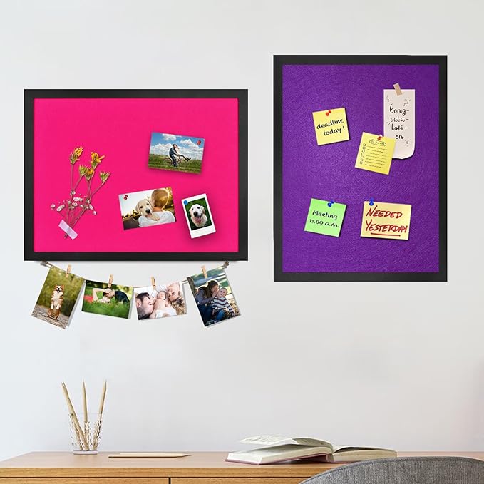 Bulletin Boards Cork Board with Felt, 17"x13" Small Display Pin Board Vision Board for Walls, Jewelry, Notes, Collection, Photos, Office, Wood Framed(Black) & Felt(Purple), 2pc