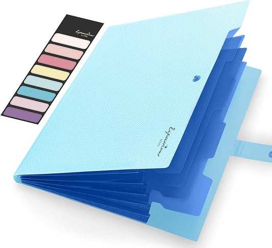 Sooez Expanding File Folder, Letter Size Accordion File Organizer, 5 Pocket Folders for Documents, Cute Folder with Labels, Portable Paper Organizer for School Office Supplies, A4 Size, Sky Blue