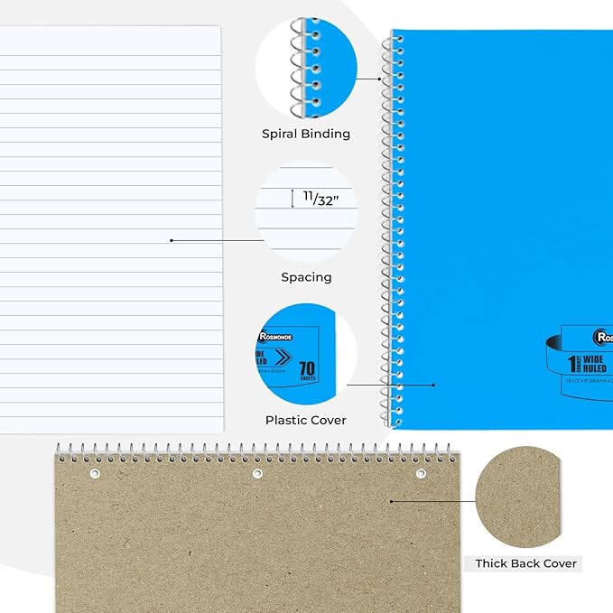 1 Subject Spiral Notebook, 12 Pack, Wide Ruled, Water Resistant Cover, Thick 140 Pages/Book (70 Sheets), 8 x 10-1/2, 3 Hole, Assorted Colors, Bulk School & Office
