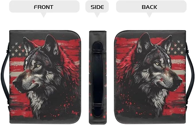 Lotusorchid American Flag Wolf Bible Bags, Faux Leather Bible Covers with Handle Pockets for Women, Portable Sturdy Bible Bag for Men, Christian Bible Study Accessories, Black and Red, 2XL