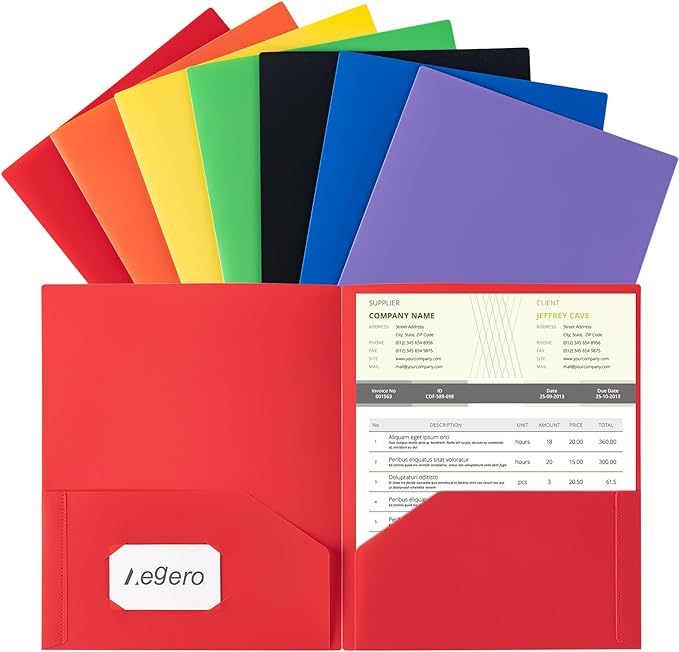 Plastic Folders with Pockets (7 Pack, Assorted Colors), Durable Heavy Duty File Folders with Business Card Slot, 2-Pocket Folder for Schoolwork & Office,Letter Size…