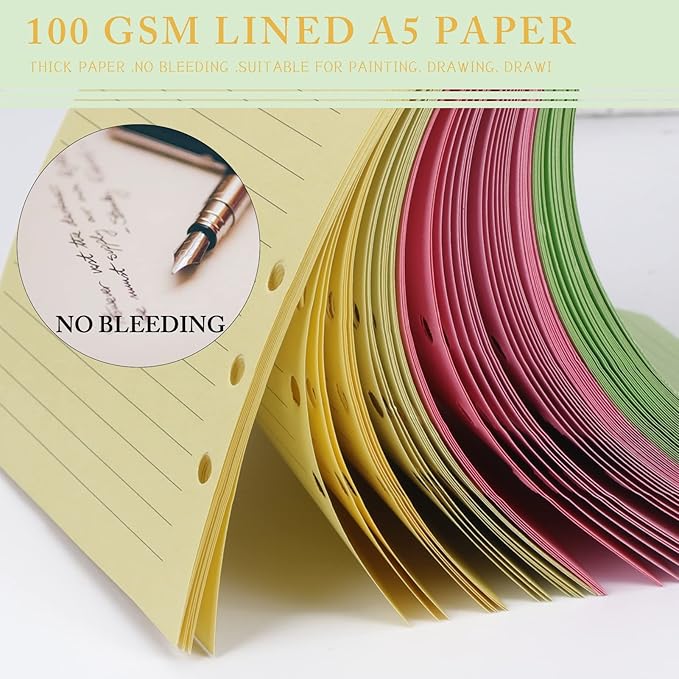A5 Refills Paper, A5 Binder Planner Loose Leaf Paper, [5 Color] 100 Sheets (200 Pages) 6-Hole Notebook Refills for 6-Ring Refillable A5 Ring Binder Notebook Planner, Lined Paper