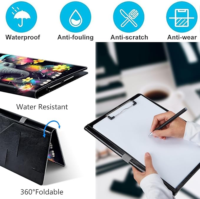 PU Leather Padfolio Clipboard Notepad with Pen Loop and Elastic Strap Interview/Resume Document Organizer for Business School Office,Elephant with Flowers
