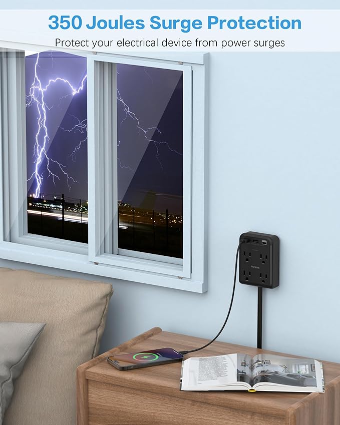 Flat Electrical Outlet Extender with USB C Ports, 4 Outlet 3 USB Wall Plug, 6 ft Ultra Thin Extension Cord, Flat Plug Power Strip Surge Protector for Home, Office. Black