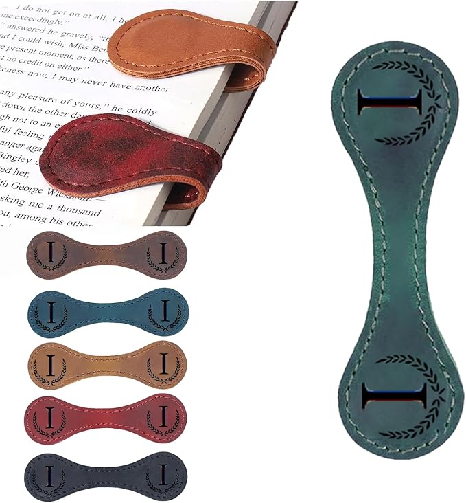 Personalized Magnetic Leather Bookmark, 26 Letters Custom Leather Bookmarks, Handmade, Leather Magnetic Bookmark for Book Lovers Readers Women Kid(Green，I）