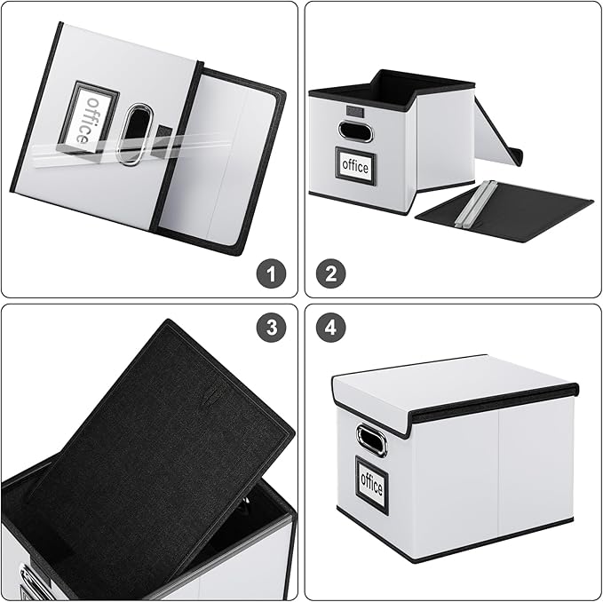 Huolewa Upgraded File Organizer Box with Lid, Collapsible Faux Leather Hanging File Folder Box Organizer with Plastic Slides, Decorative Home/Office Filing System Box for File and Folders Storage