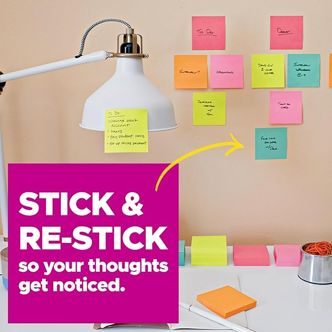 Post-it Super Sticky Lined Notes, 5 Sticky Note Pads, 4x6 in, 2X The Sticking Power, School Supplies, Office Products, Sticky Notes for Vertical Surfaces, Monitors, Walls and Windows, Bright Colors