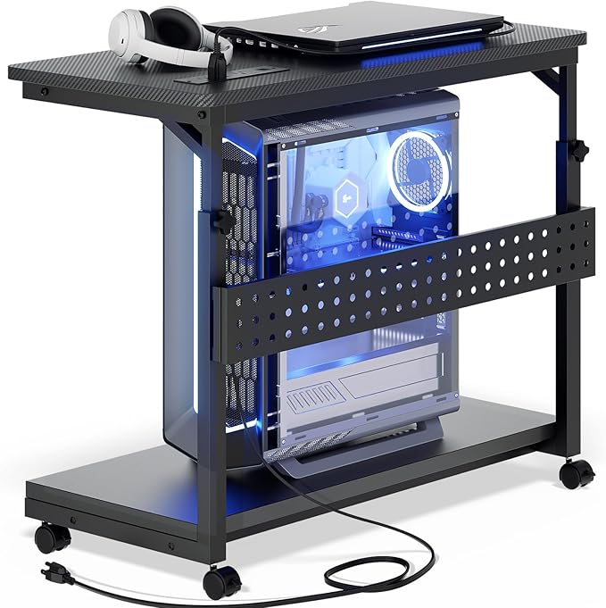 Computer Tower Stand with Power Strips, Height Adjustable PC Tower Stand/Cart with Wheels, Mobile Rolling CPU Holder, Computer Cart Side Stand for Computer Desk, 32", Carbon Fiber Black