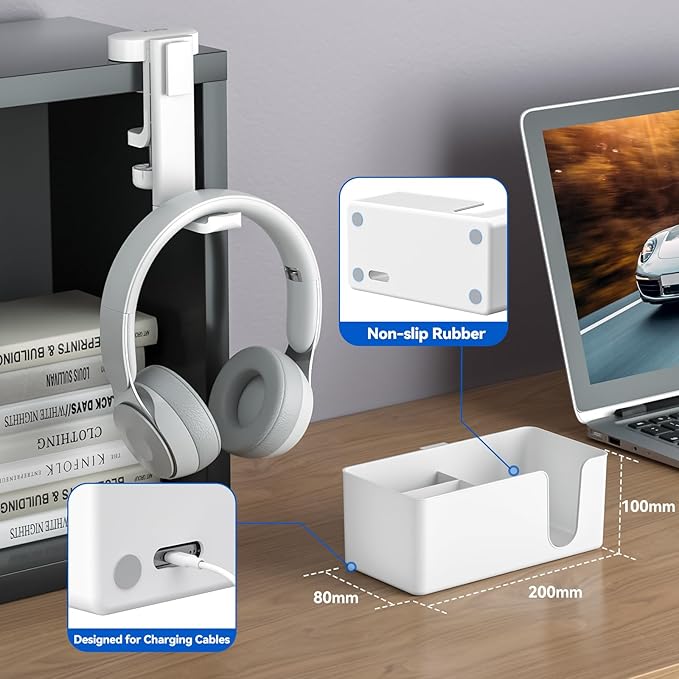 KDD 4 in 1 Desk Cup Holder - Clamp on Under Desk Headphone Hanger - Rotating Headphone Holder Detachable Pen Cup Holder Desk Storage for Cup, Phone and Pen(White)
