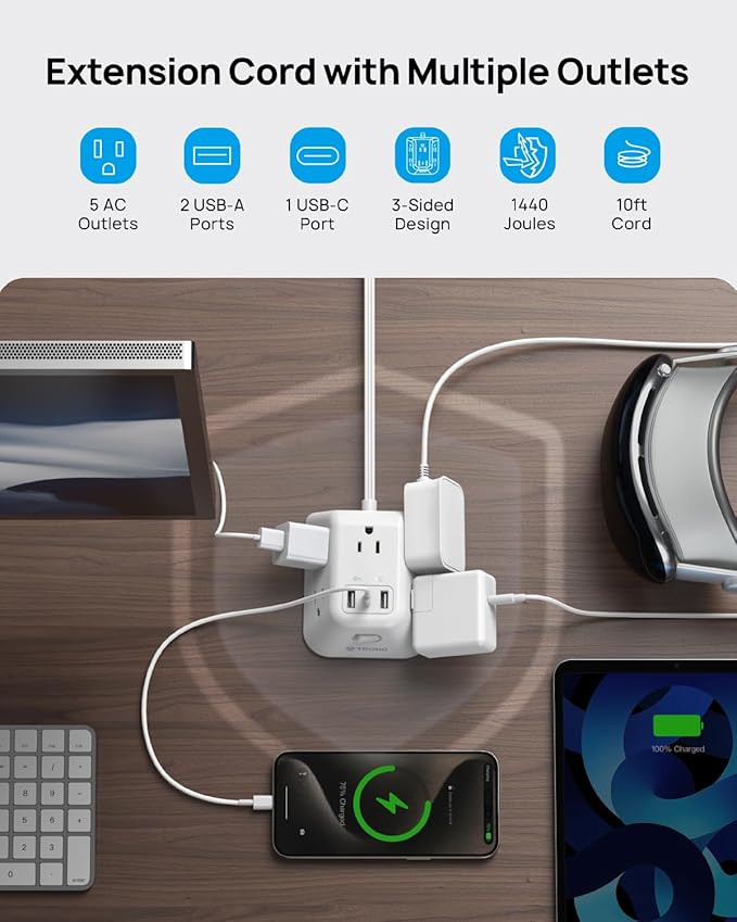 TROND Flat Extension Cord 10ft, Ultra Thin Flat Plug Power Strip, 5 Widely-Spaced AC Outlets and 3 USB Ports, 1440J Surge Protector, 3-Sided Wall Mount for Home Office Dorm Room, White