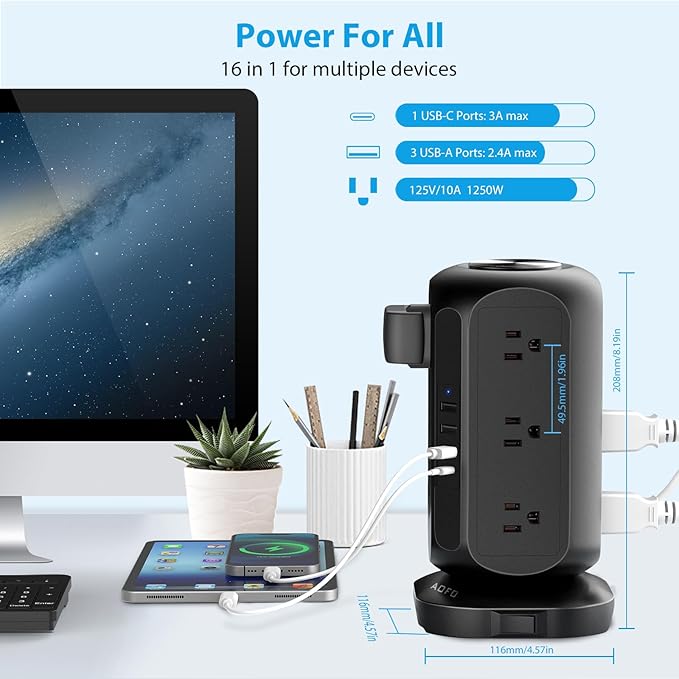 Long Extension Cord 15 ft Power Strip Tower, Surge Protector 12 AC Outlets 4 USB(1 USB C) Ports, Charging Tower Overload Protection with Multiple Outlets for Home Office