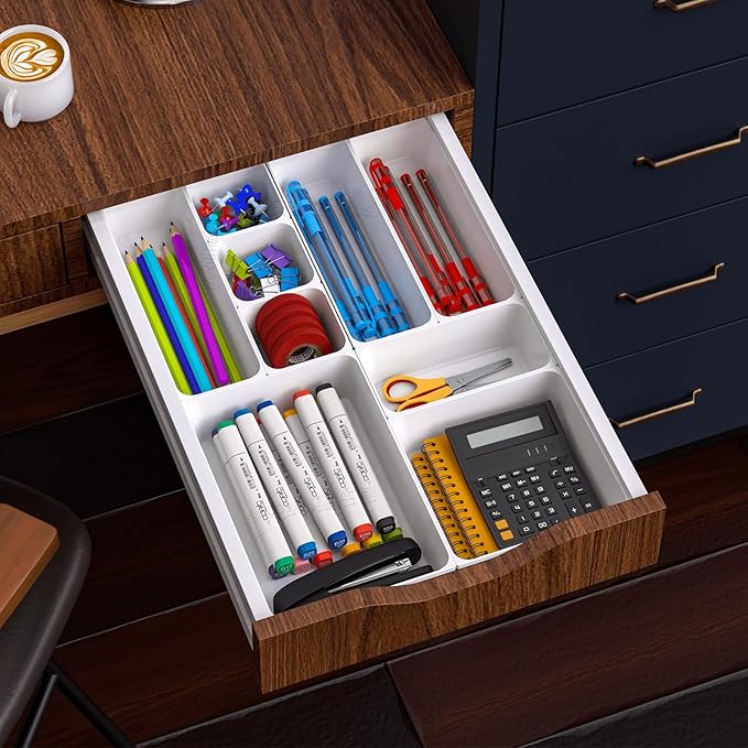 7 Pcs Plastic Drawer Organizer Set,4 Size Small Storage Containers for Organizing Jewelry,Utensil,Junk,Tea,Makeup,Shallow Drawer Organizers Tray Suitable for Office,Desk,Bathroom,Vanity,Kitchen,White