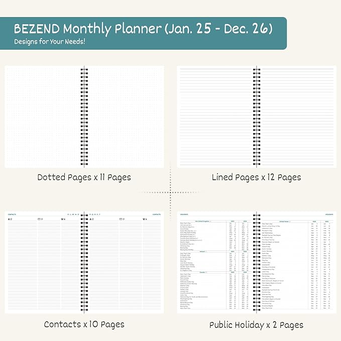 BEZEND Monthly Planner 2025-2026, Large Size, 2 Year Monthly Calendar 8.5" x 11" - 120 GSM Thick Paper - Spiral Planner with Pockets, Tabs, Calendar with Note Sections, Pen Loop, Softcover - Sky Blue