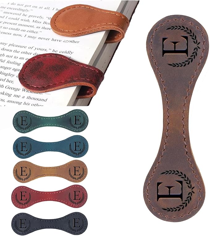Personalized Magnetic Leather Bookmark, 26 Letters Custom Leather Bookmarks, Handmade, Leather Magnetic Bookmark for Book Lovers Readers Women Kid(Brown，E）