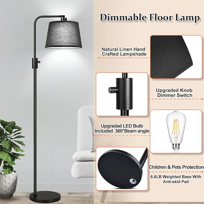 【Upgraded】 Dimmable Floor Lamp, 1000 Lumens LED Edison Bulb Included, Arc Floor Lamps for Living Room Modern Standing Lamp with Black Shade, Tall Lamps for Living Room Bedroom Office Dining Room