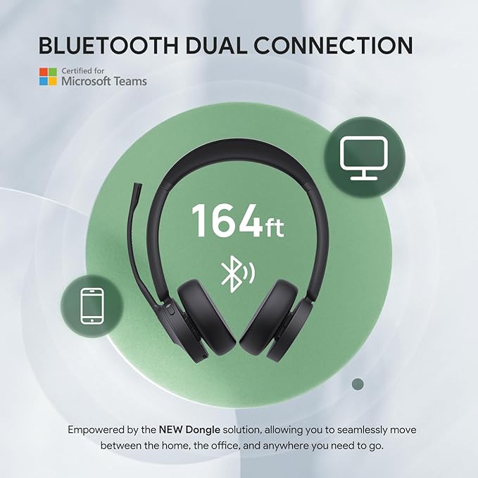 Yealink BH70 with Stand Wireless Bluetooth Headset with Microphone for Work, up to 35h Talking Battery Life, 3 Noise Cancellation Mics, Teams Certified, ≤90min Fast Charging, NO Power Adapter Needed
