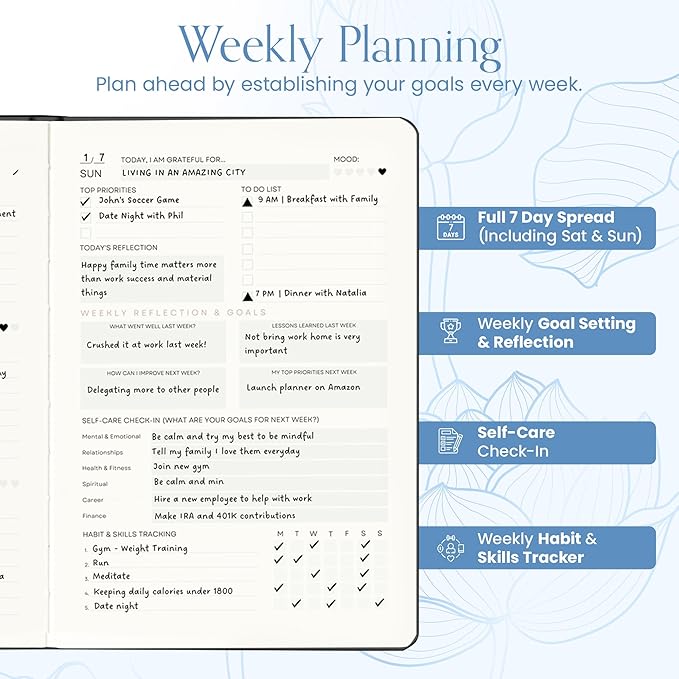 2025 Planner, Daily Journal & Gratitude Journal All-In-One with To Do List, Self Care Prompts & Habit Tracker - 7 x 10 - Blue