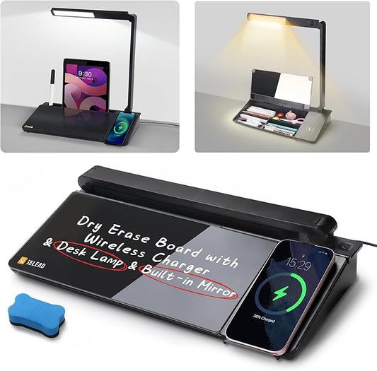 SELEAD Desktop Glass Whiteboard with Wireless Charger Station and Desk Lamp, Tabletop Dry Erase Board w/Organizer, Markers, Mirror, Holder for Home School Office Desk Accessories, Black
