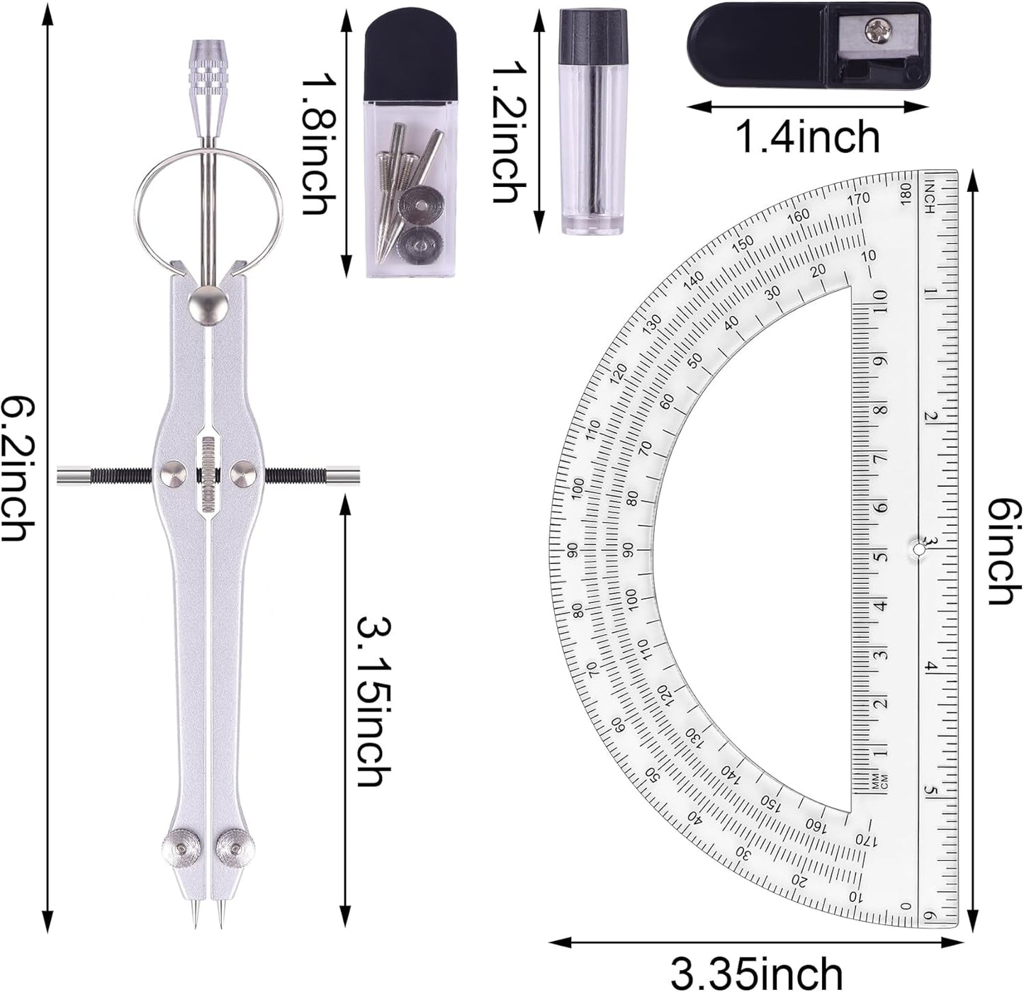 Compass and Protractor Set, Professional Drawing Compass Tool, Metal Compass with Extra Refills, Compass for Geometry and 6 Inch Math Protractors 180 Degree (Green)