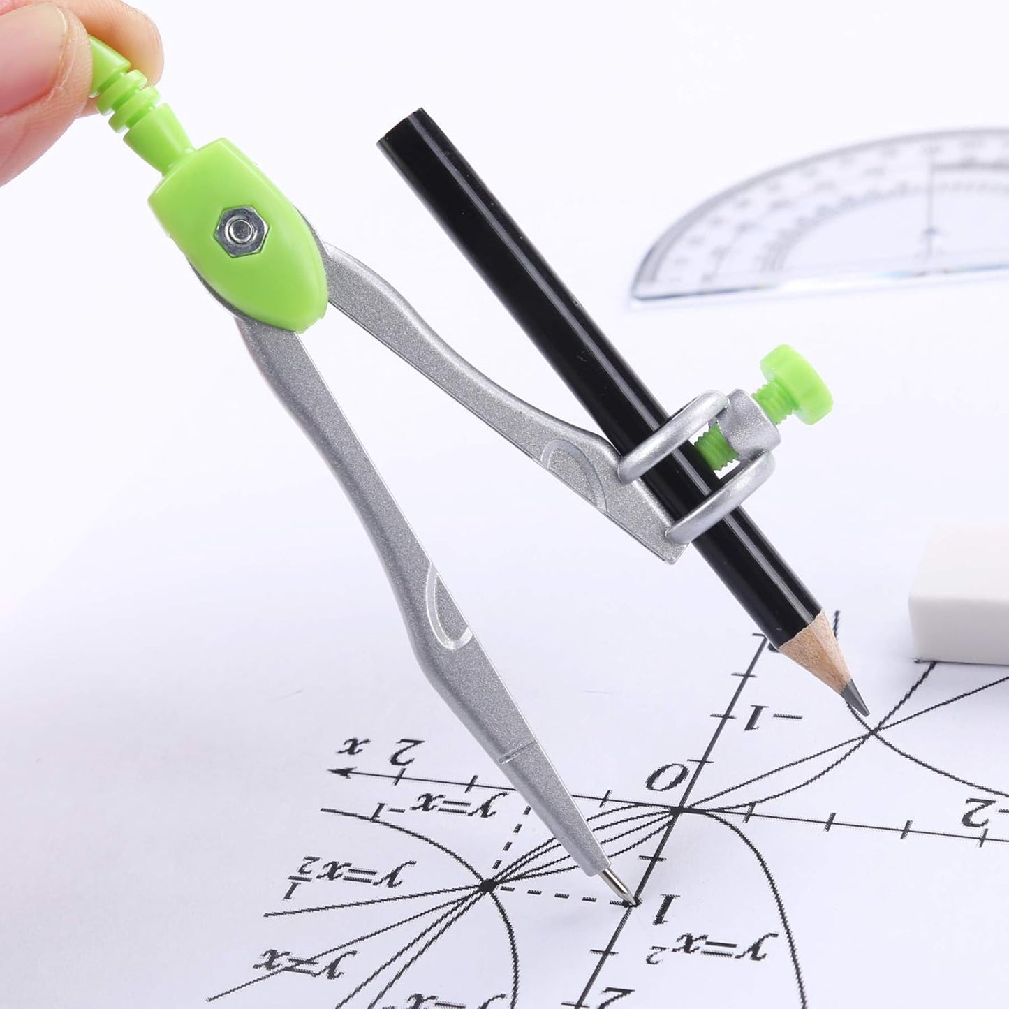 Math Geometry Kit Sets 10 Piece Student Supplies with Shatterproof Storage Box,Includes Rulers,Protractor,Compass,Eraser,Pencil Sharpener,Lead Refills,Pencil,for Drafting and Drawings（Green）