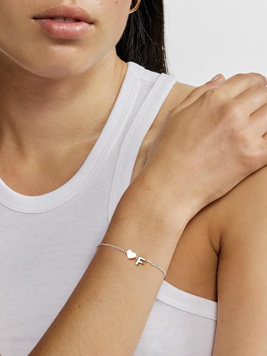 Silvora 925 Sterling Silver Dainty Initial Bracelet with Heart - 6.3" + 2" Adjustable Personalized 26 Letter Bracelet Jewelry Heart Bracelet for Women