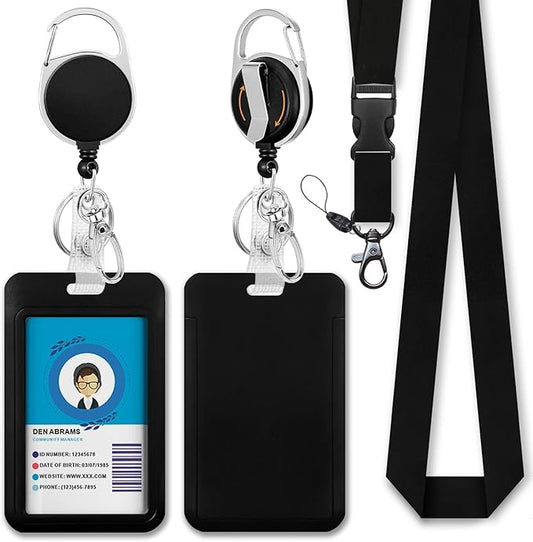 Giancomics Black ID Badge Holder with Lanyard, Lanyards for ID Badges with Badge Reel Retractable Heavy Duty, Lanyard with ID Holder Keychain Clip ID Card Holder for Teacher Women Men Work Office