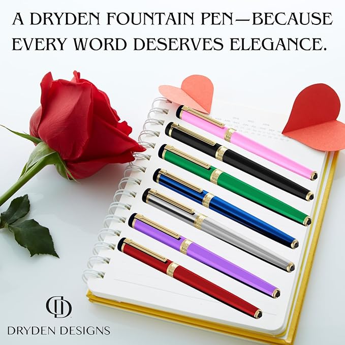 Dryden Designs Fountain Pen Medium Nib, Pearl White, Left and Right Handed, Includes 24 Ink Cartridges - 12 Black and 12 Blue