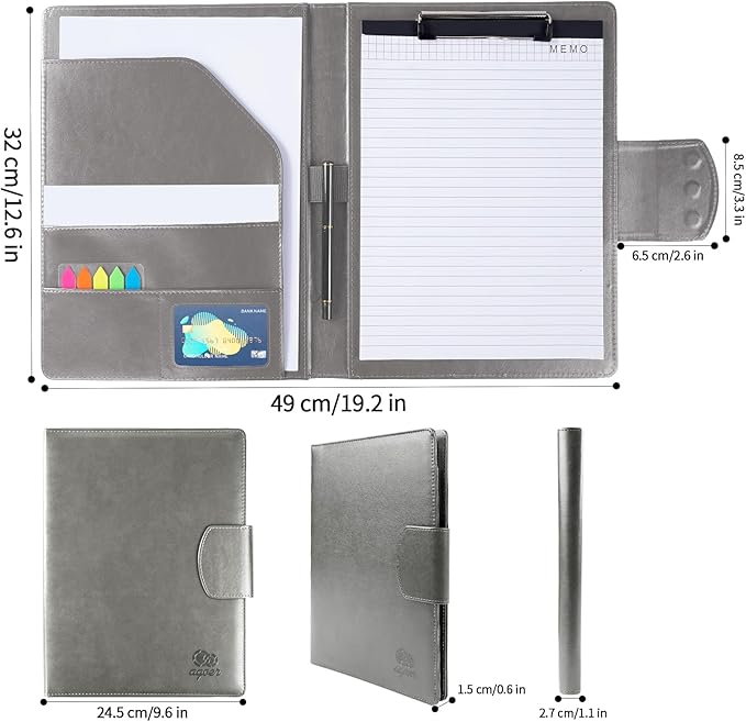 A4 Padfolio Portfolio Leather Binder,Business Interview Legal Document Organizer with Magnetic Closure Cover with Letter Sized Papers,Sticky Tabs,Pen for Legal Pad Holder Paperwork Men Women(Grey)