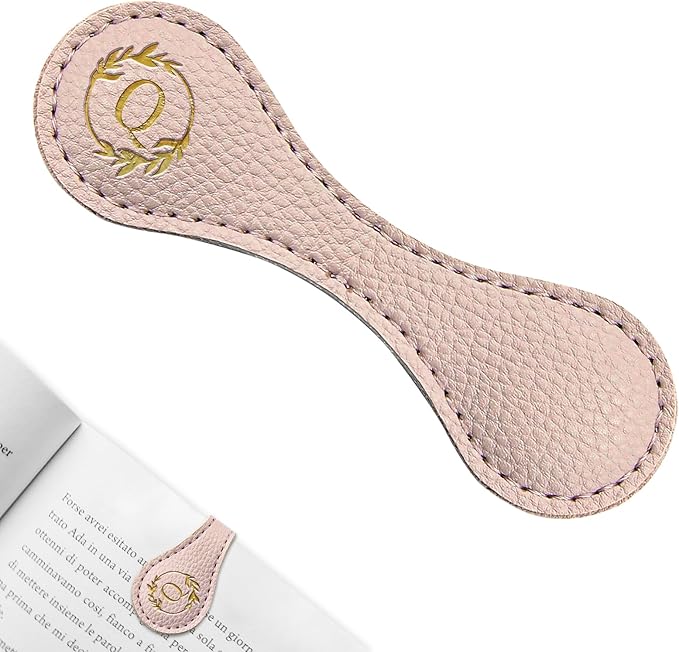 ABTOLS Magnetic Leather Initial Bookmarks, Vintage Initial ID Identification Book Marker Clip Gift Pink Capital Letter Book Markers for Book Lover Avid Readers (Q)